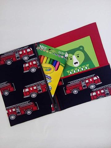 child's activity folder holds A5 notebook and pencils or toys Fire engine Truck Moonlight Made